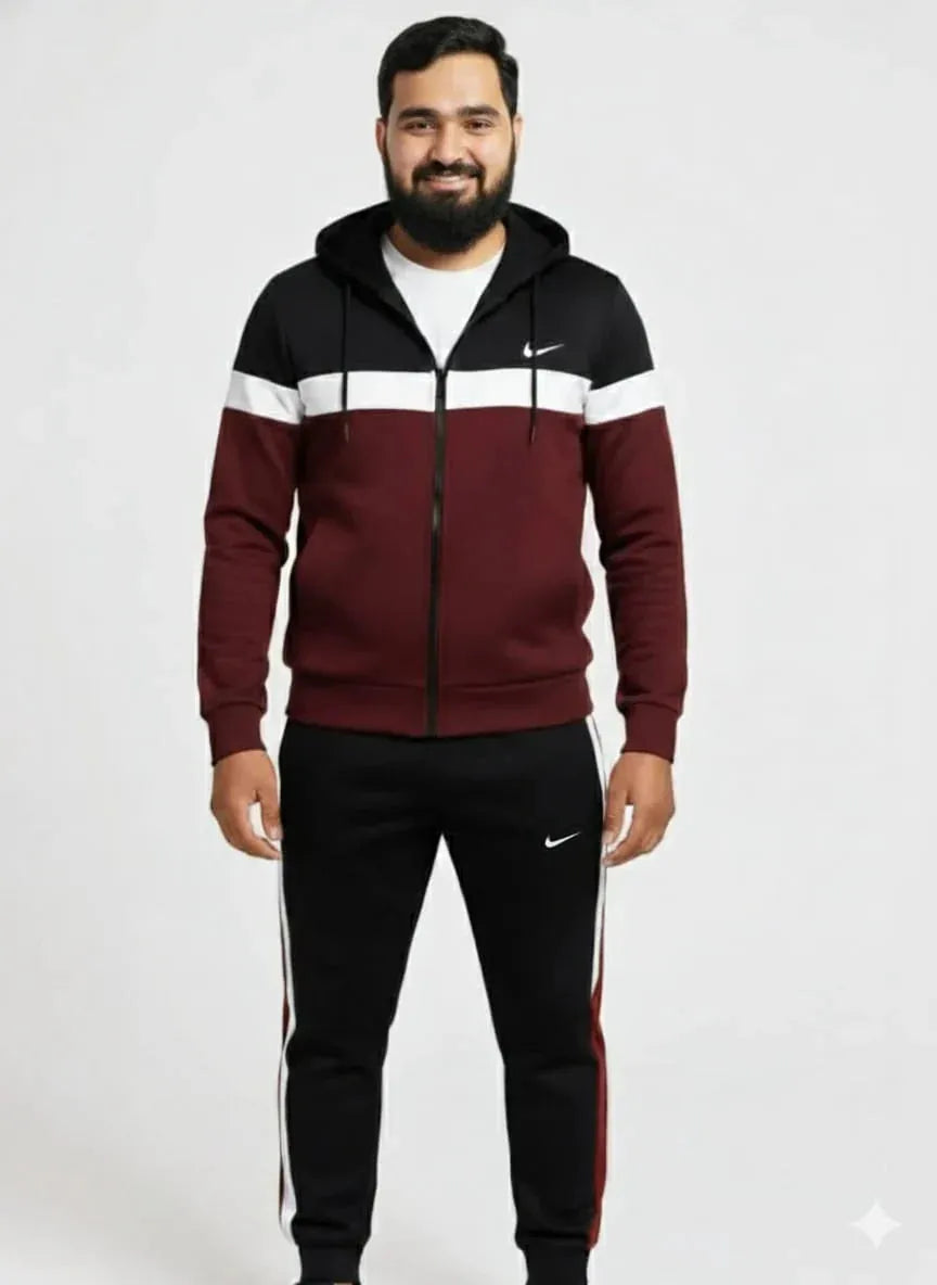 Mehroon white block Hoody & Trouser