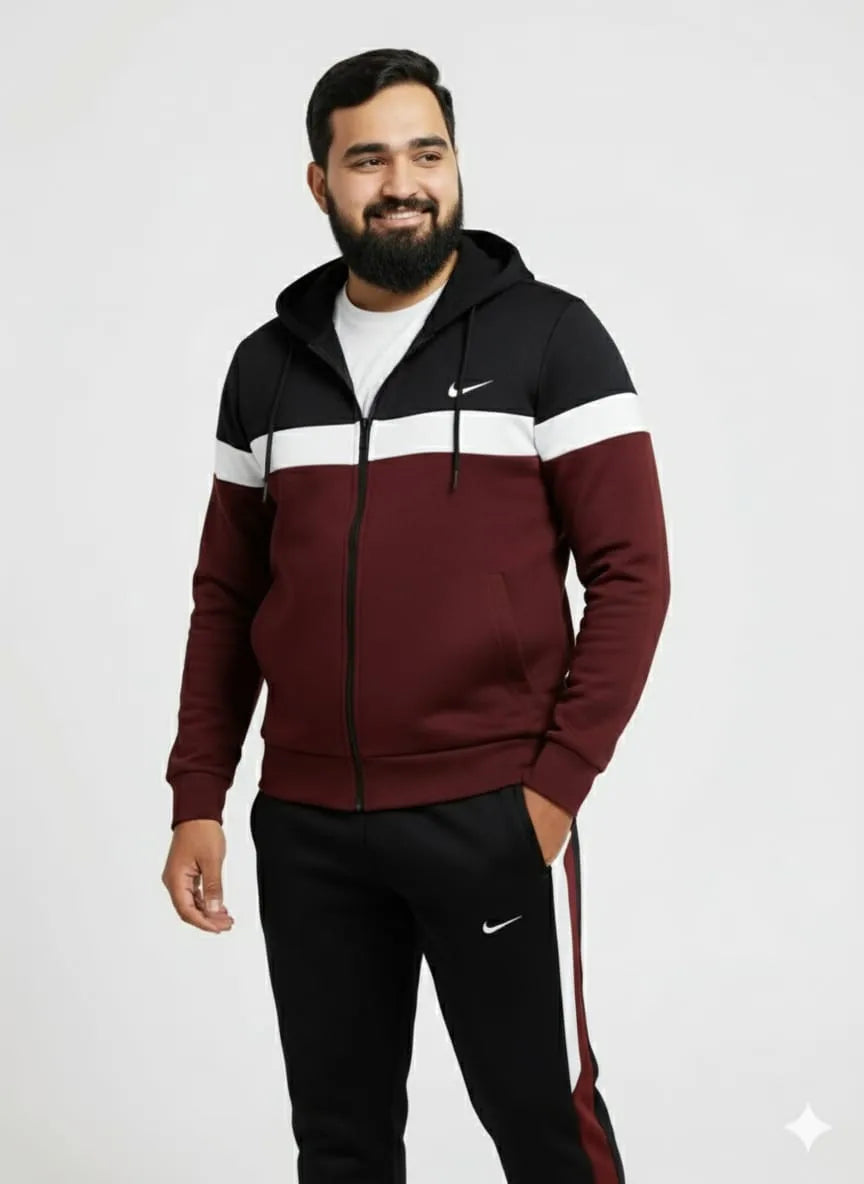 Mehroon white block Hoody & Trouser